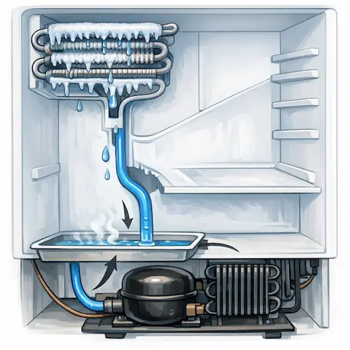 شماتیک سیکل تبرید و مسیر تخلیه آب در یخچال